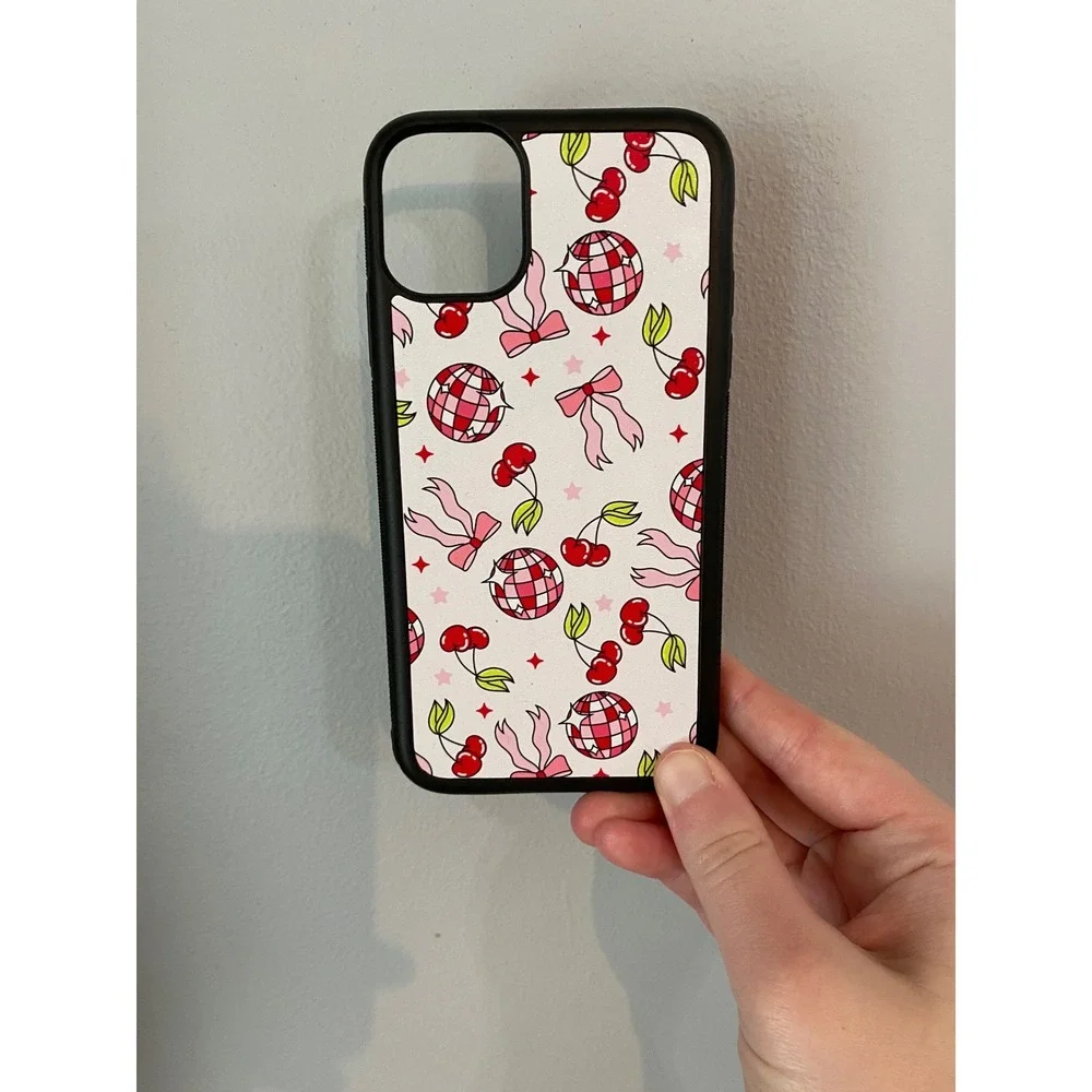 Phone Case iPhone 11 White Pink Red Disco Ball Cherry Bow Aesthetic